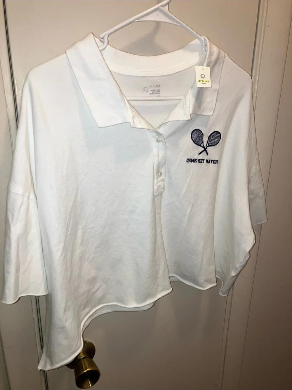 aerie Offline White Cropped Polo Sweatshirt with Tennis Graphic Large New